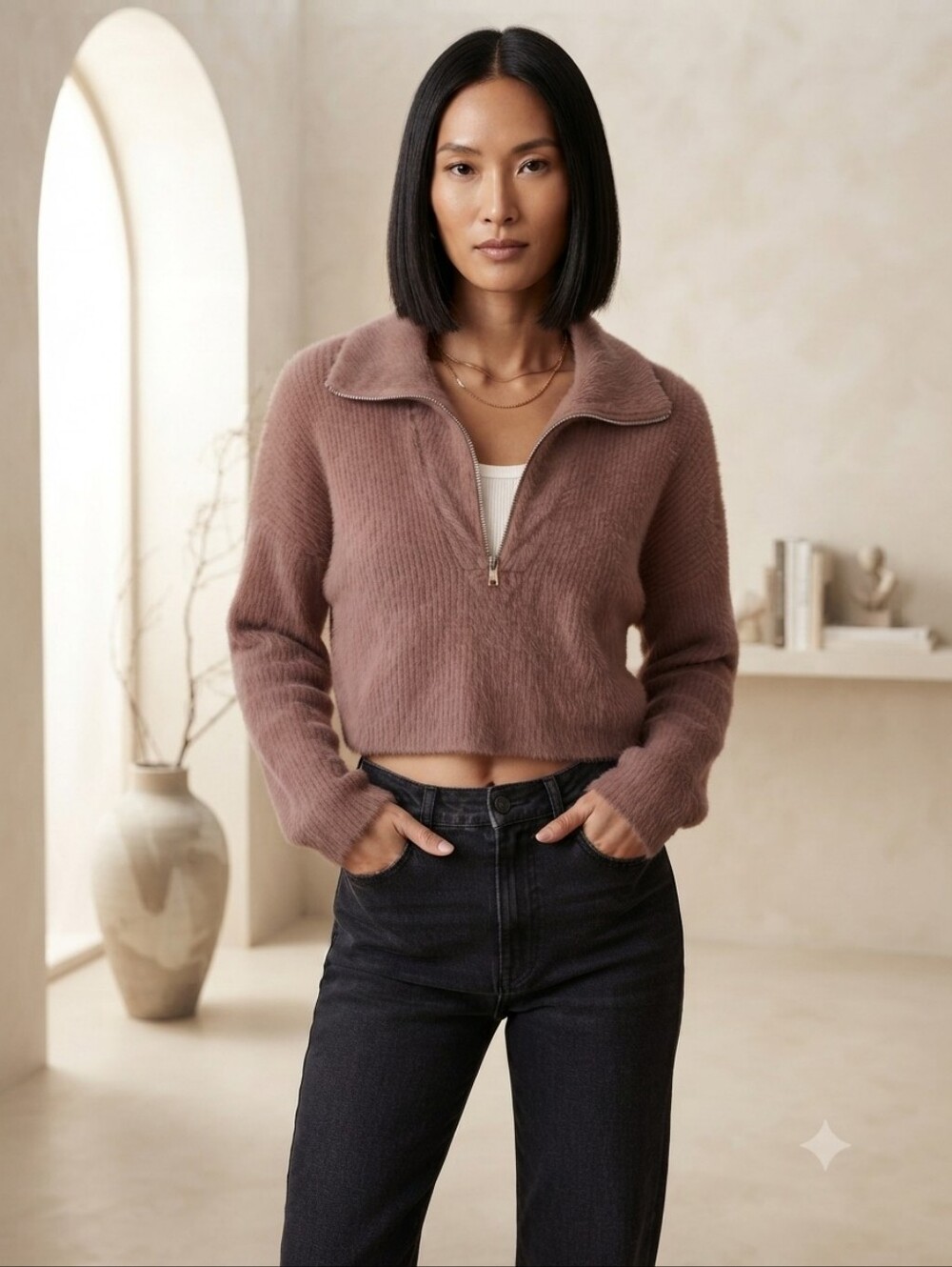 Abercrombie & Fitch Cropped Plush Half-Zip Sweater in Mauve Brown Medium